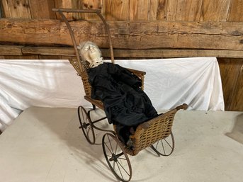 Antique Doll 31in And Baby Pram Carriage 12x28x25metal Wheels Wicker