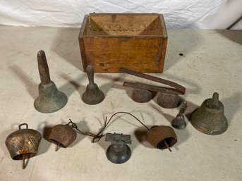 Collection Of Bells One Marked 1878 In Old Wood Box