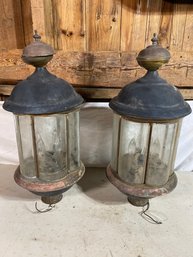 Pair Carriage House Lanterns Large Electric Cool Patina Or Refinish 10x24in