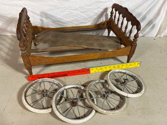 Antique Doll Bed With Four Pram Carriage Wheels