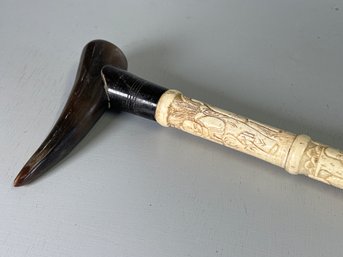 A Beautiful Hand Carved Bone & Horn Walking Stick With Asian Figures
