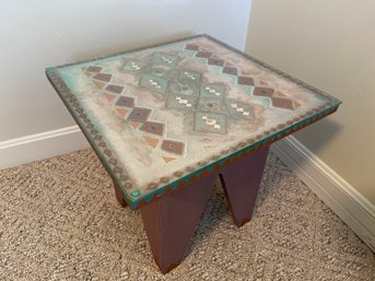 Hand Painted Southwestern Style Side Table Signed Hado - Local Artist 18x18x17 Glass Top