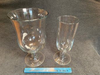 Two Hand Blown Glass Decorative Hurricane Candle Hold Or Flower Vase, 14.5x8.25in & 13x5in