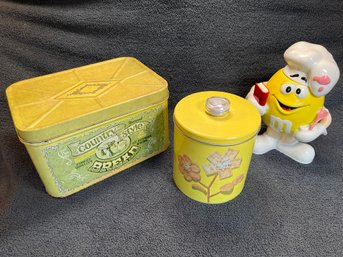 The Yellow Tin And Ceramic Collection, Krispy Kan, Country Style Bread Tin, M & M Cookie Jar.