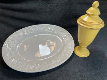 Ceramic Serving Plater Made In Italy For The William Sonoma Store 23x17.5in & Yellow Ceramic Urn 17x7in