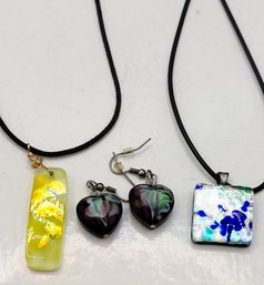 Murano Earrings Paired With Two Art Glass Pendents