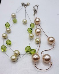 Two Vintage Floating Pearl Necklaces With Crystal Beads