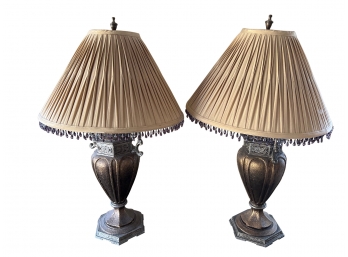 Pair Of Gold Table Lamps- With Beaded Shades