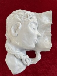 Sleeping Girl, White Glazed Clay Sculpture 9x7x3.5in