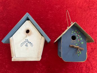 Two Bird Houses, Blue And White 11.5x11.5x4.25in, Slate And Wood 7.25x7.5x7.5in