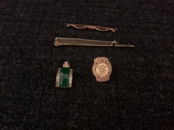 4 Pieces Of Jewelry, One National Rifel Association  Pin, Green Pendant , Marked 18 K On Back