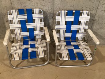 Pair Folding Sunbeam Beach Lawn Chairs Like New Still With Plastic Wrap On Arm Rests