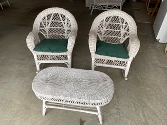 Pair Real Wicker Rocking Chairs And Table Enclosed Porch Garage Stored Sturdy