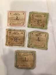 Five Italian Bills From The 1940s.. $1, $2, $5, $5, $10