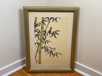 Woodblock Print On Silk, Bamboo And Sparrow