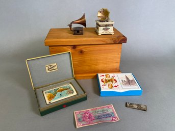 Mix Lot: Wooden Box, Military Money, Cards & More