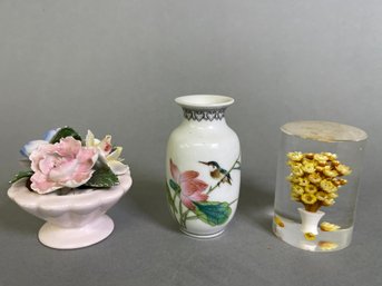 Miniature Asian Vase, Thorley Floral Piece & Floral Paperweight