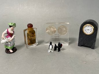 Mix Lot: Bottle Art, Coin Plaque, Figurines & Clock