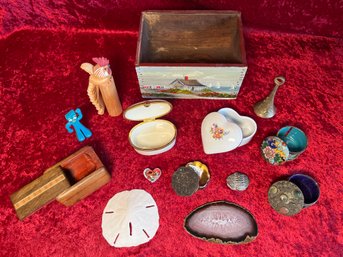 Collection Of Trinket Jars, Small Decorative Items And A Small Wooden Box Painted Beach Scene