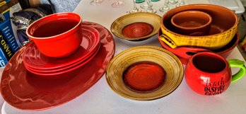 Large Grouping Of Mostly Modern Red Ceramic  Serving Plates And Bowls