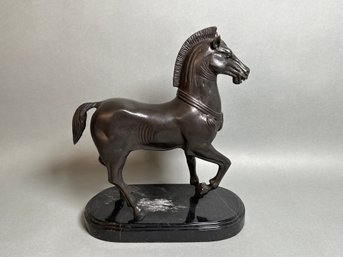 Cast Iron Horse On Marble Stand