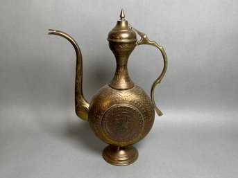 Gorgeous Middle Eastern Brass Ewer With Etched Design