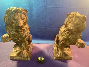 Large Vintage Terra Cotta Pair Of Lions With Makers Stamp On One Of The Bases