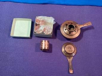 Vintage Stamped Copper Burner ,and Four Copper Napkin Rings, Great Shape