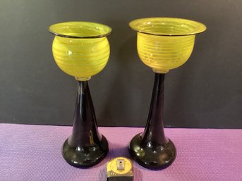 2 Large Hand Blown Candleholders, Signed And Dated By The Artist, Great Shape