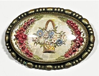 Art Deco Reverse Painted Glass Brooch Basket Of Flowers