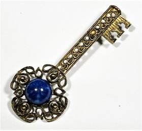 Gilt Gold Tone Vintage Key Formed Brooch Blue Glass Stone