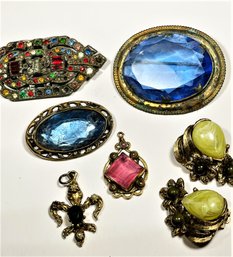 Group Lot 6 Pieces Vintage 1920s Brass And Glass Jewelry Some Minor Damage