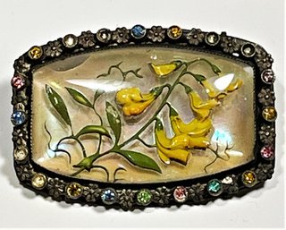 1920s Czech Reverse Painted Glass Brass Brooch Couple Stones Missing