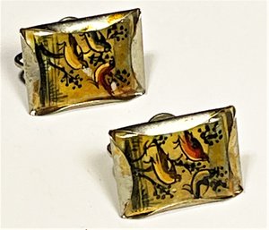 Pair Hand Painted Mother Of Pearl Persian Screw Back Earrings