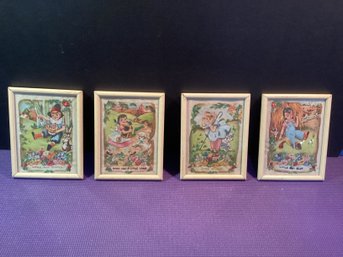 4 Vintage Nursery Rhymes Embroideries ,framed Under Glass,(old)