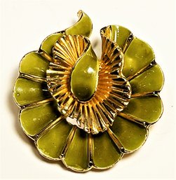 Art Co Green Enamel Gold Tone Brooch 1960s Avacado