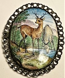 Silver And Enamel Large Brooch Persian With Deer In Wood