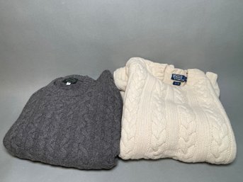 Ralph Lauren Fisher Cable Knit Wool Sweater With Patch Elbow & Saddlers Sweaters, L And Xxl