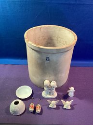 8 Gallon Vintage Crock & 4 Bisque, Statues And Candle Holder With Two Ceramic Pull Chains For Light Switches