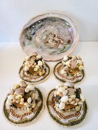 Large Abalone Shell Plus Designer Beaded Kim Seybert Coasters And Shell Napkin Holders