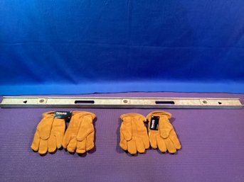 4 Foot Aluminum Level And Two Pair Of New Thinsulate Work Gloves, Insulated