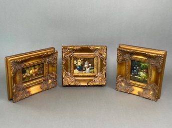 Three Miniature Oil Paintings In Ornate Gilded Frames