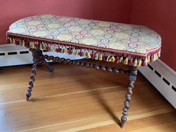 Antique Barley Twist Leg Table 42x20x24 Tapestry And Tassels Covered Unusual