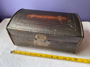 Antique Tooles Leather Box 12x6x7 Brass Lock Marked MH Salarnier Treasure Chest Look