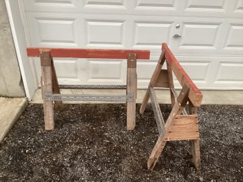 2 Very Strong Sawhorses With Adjustable Brackets ,great Shape,made Well