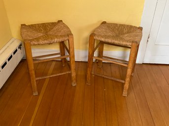 Pair Woven  Rattan Cane Seat Stools 13x19x13in Sturdy And Clean