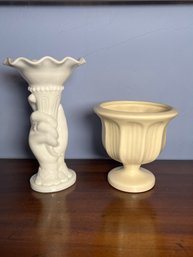 Vintage Milk Glass Hand Vase And Haeger Urn, Petite, Urn Has A Hairline Fracture See Picture