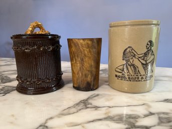 Wood & Stoneware, 4in Wooden Cup, 5.25in H. Dickerson 60 State St. Albany, 5.5in Stoneware Container