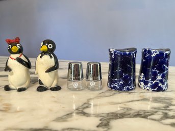 Salt & Pepper Shakers Collection, Penguins Millie &  Willie, Two Small Made Of Glass & Two Made From Ceramic