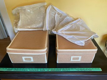 Pair Storage Boxes Natural Weave 13x7x15in  Covered With Plastic Zipper Storage Bags And Notebooks Office Stuf